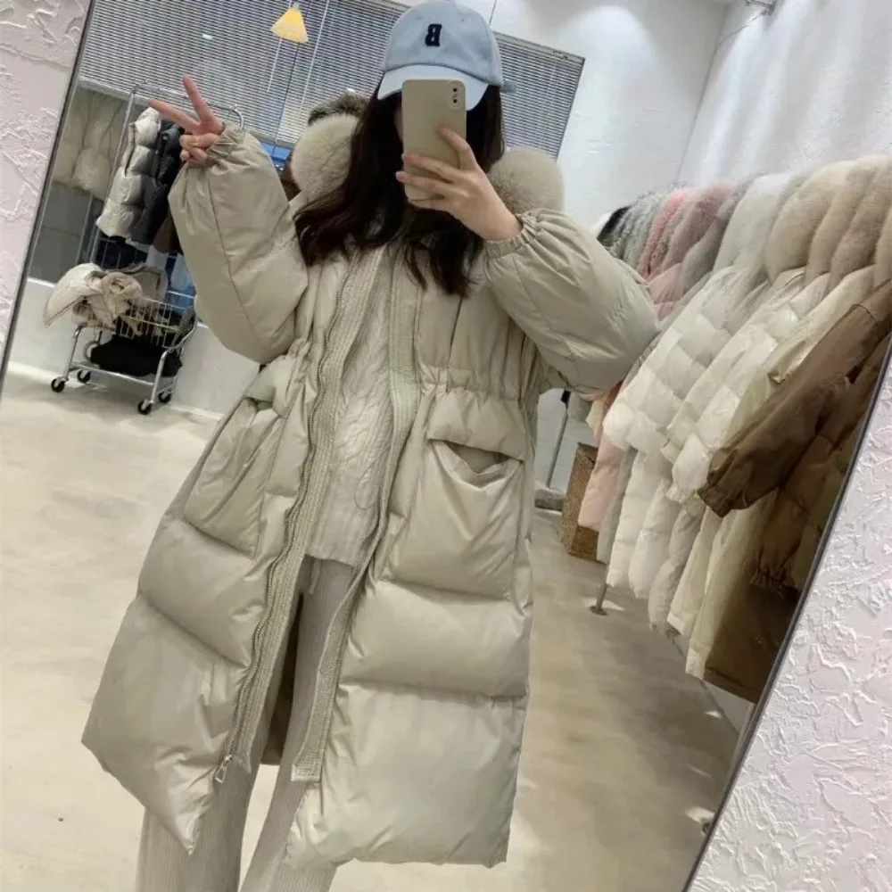 Down Jacket Women Luxury Outerwear Long Puffer Coat Warm Female Fluffy Parkas Loose 2024 Real Fox Fur Collar 90% Duck Down Coat