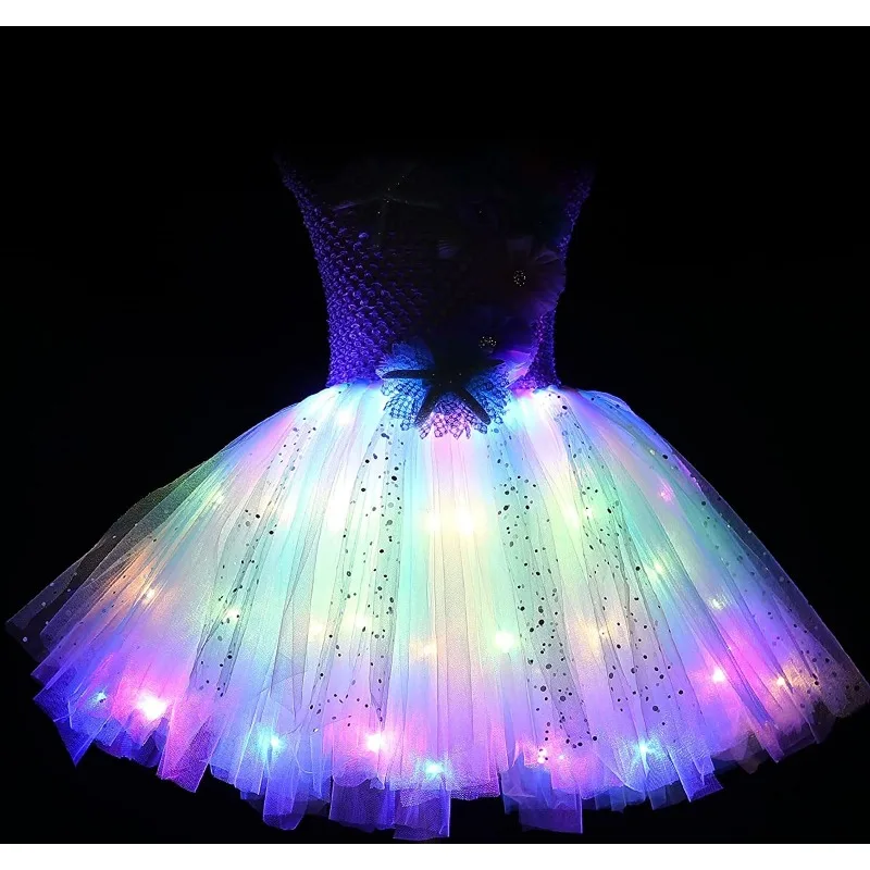 Halloween Disney Girls Mermaid Costume Sets Colourful LED Glow Little Mermaid Princess Fluffy Dress HeadDress For Birthday Party