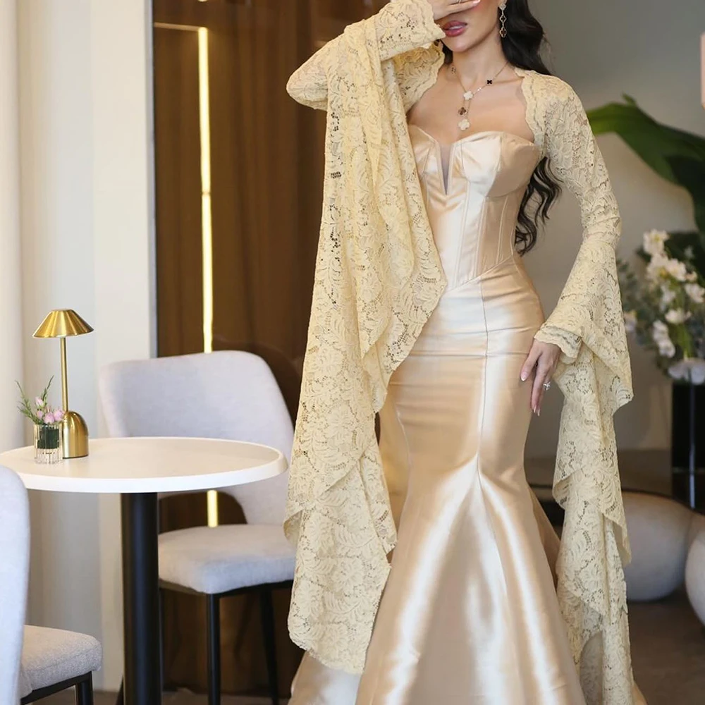 

Satin Long Sleeves Strapless Floor Length Mermaid Evening Dress Detachable Sleeve Photo Color Detachable Sleeve Temperament