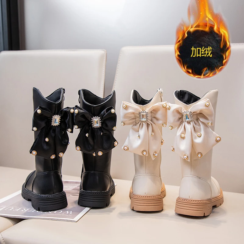 Shiny Rhinestone Bow Leather Boots for Girls 2025 New Winter Kid Mid-calf Boots Thick Sole Classic Elegant Christmas Party Boots