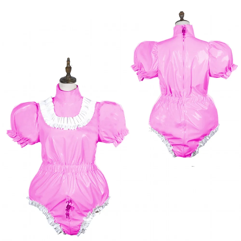 Fantasia de cosplay de empregada feminina exótica, body sexy, gola alta, macacões de manga curta, couro pvc brilhante, macacão de patry, com tampa