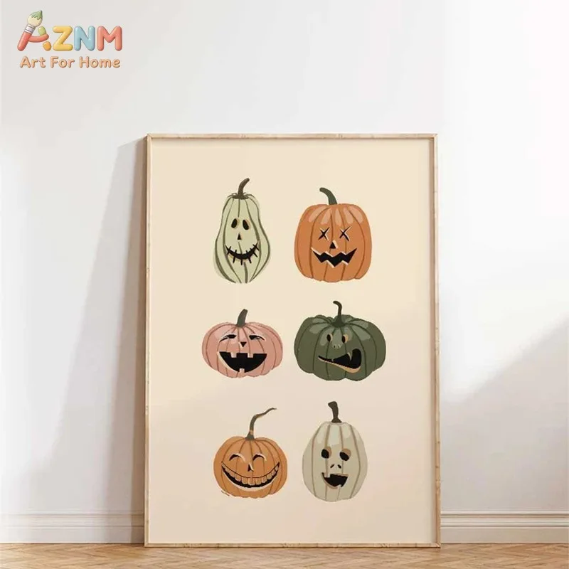 AZNM Neutral Pastel Jack O Lantern Pumpkin Canvas Wall Art Cute Cartoon Halloween Fall Autumn Minimalist Home Wall Decor Unframe