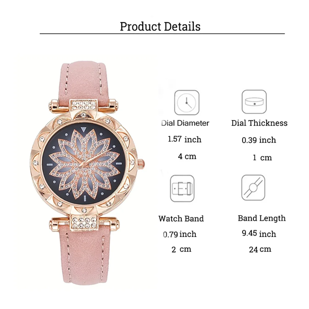 مجموعة ألماس فاخرة بنمط الزهور الخفيفة من Fashion Trend للنساء مجموعة سوار ساعة كوارتز مكونة من 6 قطع، مناسبة لعيد الميلاد والشكر