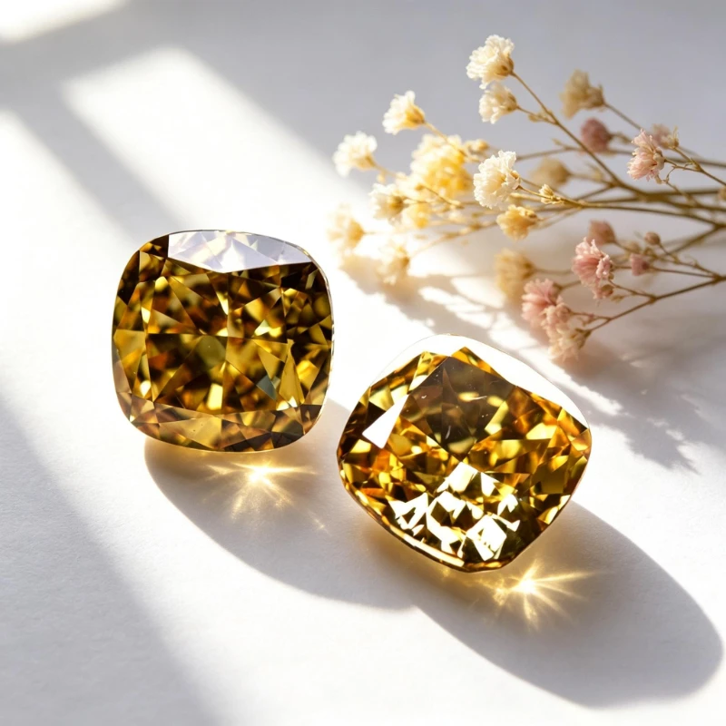 Kubisches Zirkonium, Crushed-Ice-Schliff, quadratische Kissenform, gelbe Farbe, 5A+-Qualität, CZ, 4K-Schliff, hochkarätiger Diamant – Detail 5