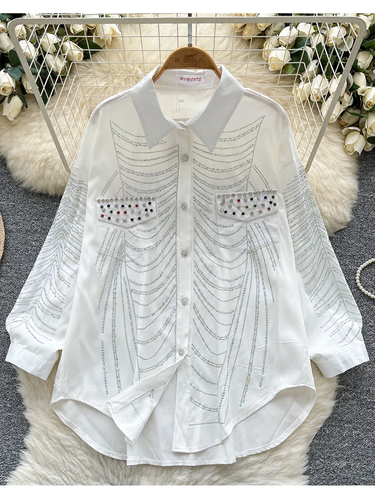 Printemps automne mode européenne diamant chaud à manches longues Blouse pour les femmes nouveau grand décontracté ample simple boutonnage petit haut C321