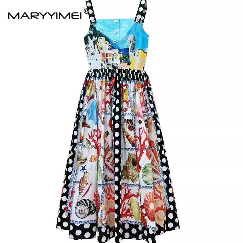 

MARYYIMEI Summer Women's Dress Sexy Spaghetti Strap Backless Square-Neck Single-Breasted Fashionable Chic Print Cotton Dresses