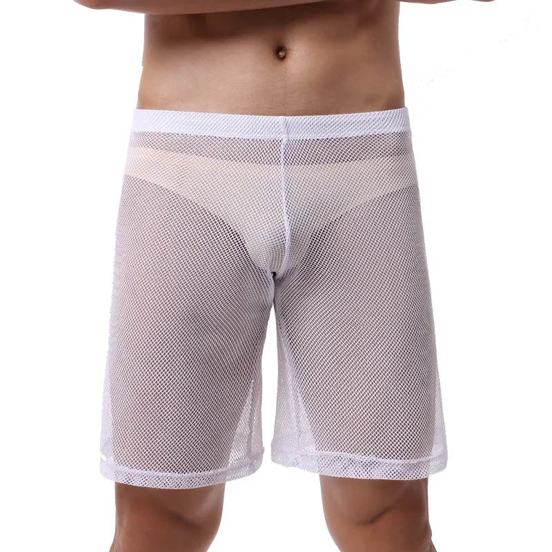 

Mens Boxer Shorts Sexy Mesh Loose Sleepwear Gay Underwear Hollow See Through Long Boxer Man Home Shorts Homme Pajamas Underpants