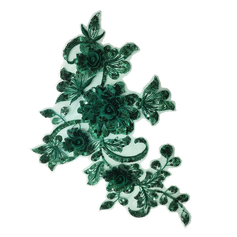 Green Sequin Embroidery Flower Patch Sew On Appliques Lace Fabric Trim Patches for Wedding Dress DIY Decoration