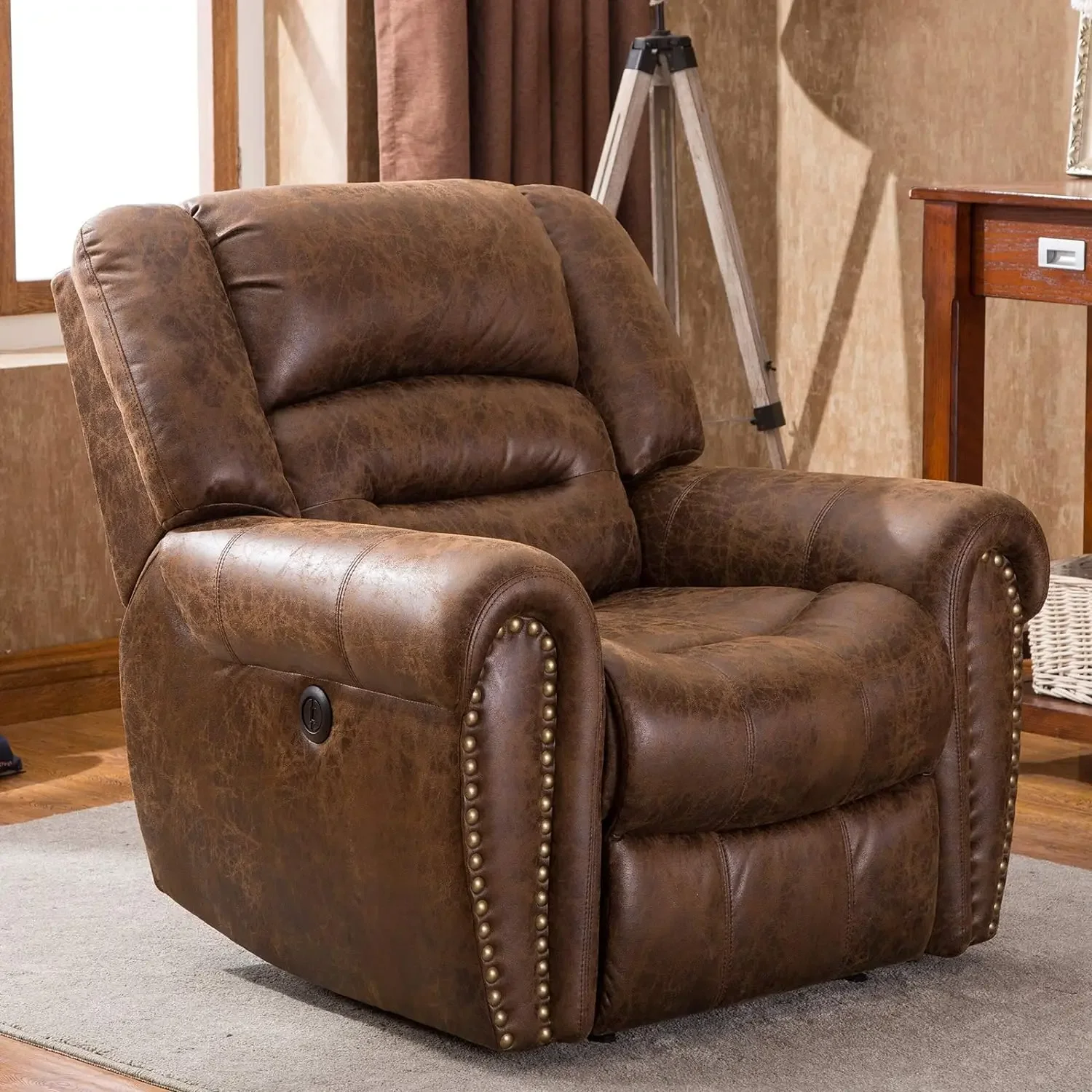 Electric Recliner Chair W/Breathable Bonded Leather Classic Single Sofa Home Theater Recliner Seating W/USB Port (Nut Brown)