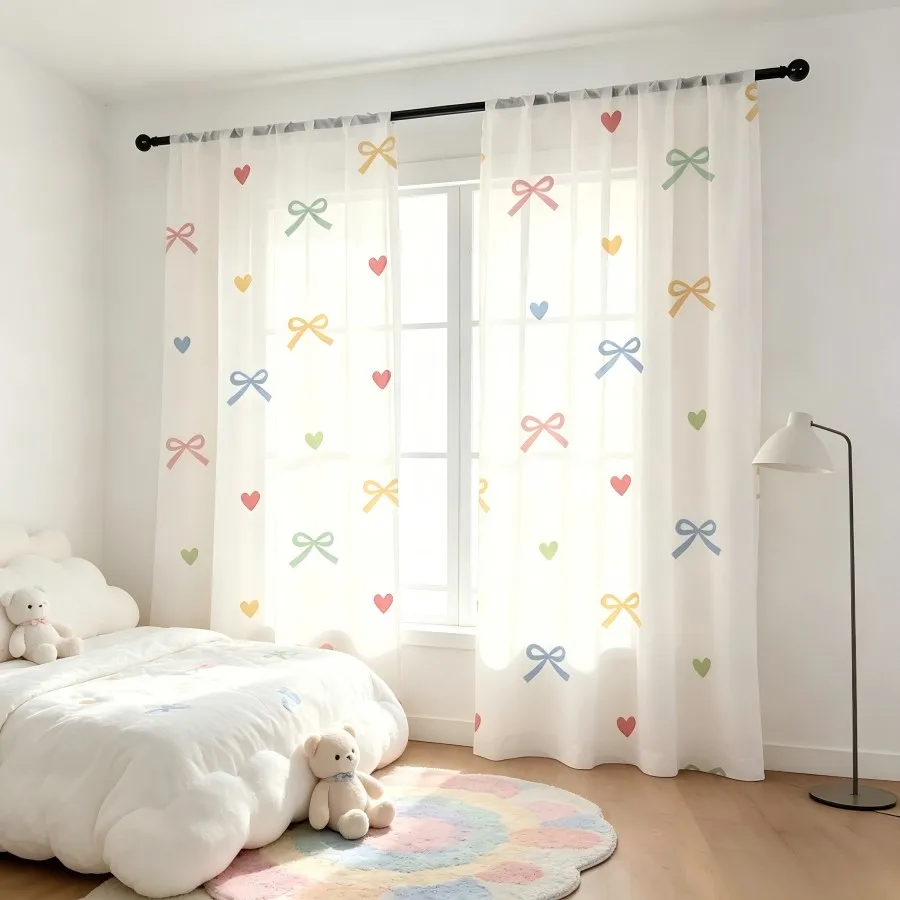 2PCS Digital Print Sheer Curtain, Colorful Bow Tie Ribbon Cute Girly Fashion Window Drapes for Living Room Bedroom Home Decor