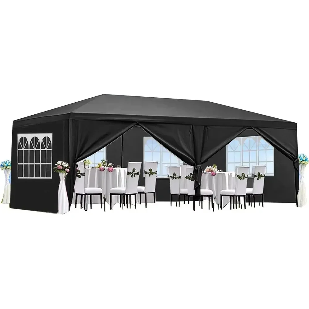 20x10 Outdoor Party Tent with 6 Removable Sides, Waterproof PE Roof for Weddings, Events, and Patio Shelters