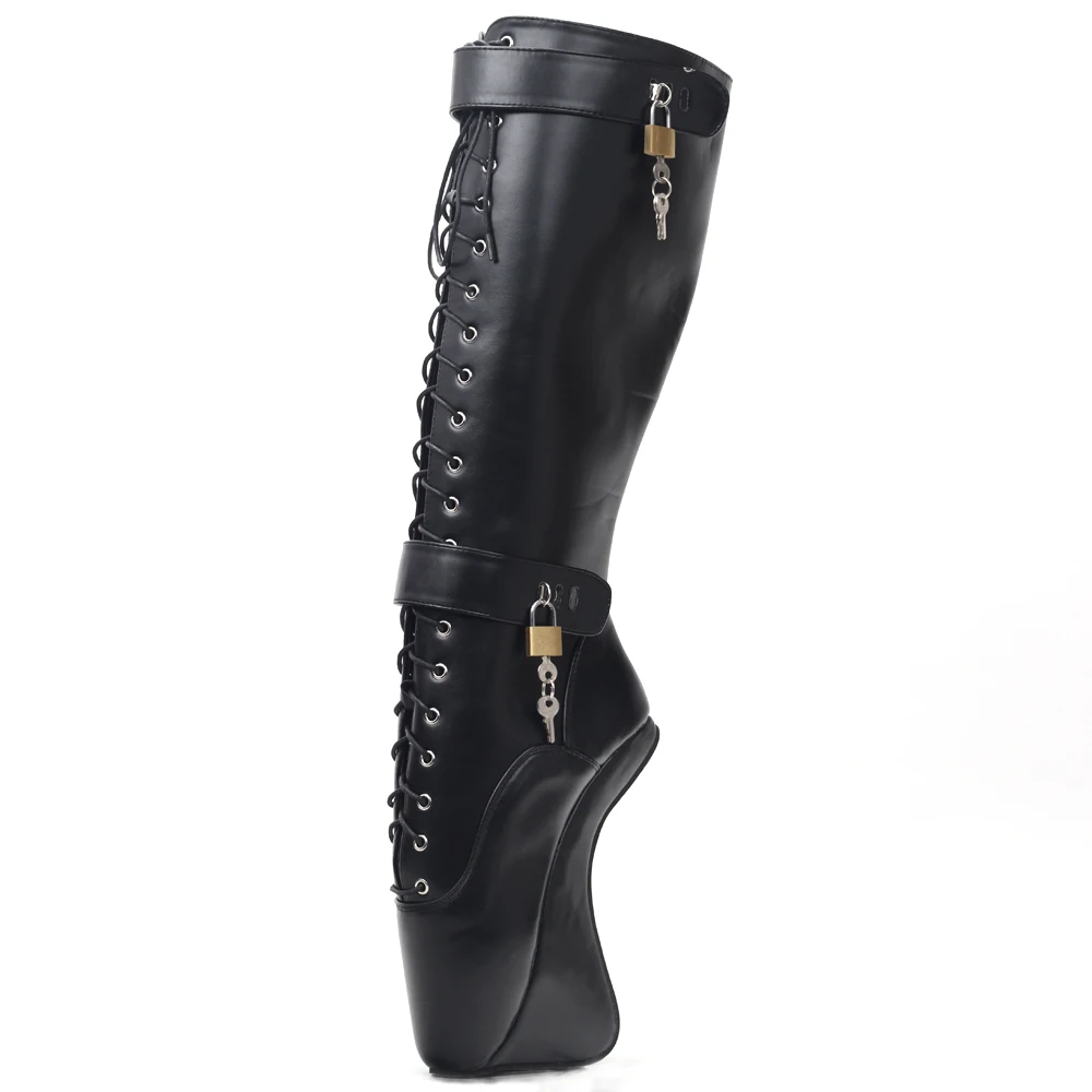 CACA BDSM Women Knee Ballet Boots,18cm Hoof Heelless Fetish Booties,Men Dance Shoes,Padlocks High Botas,Custom Colors,Dropship