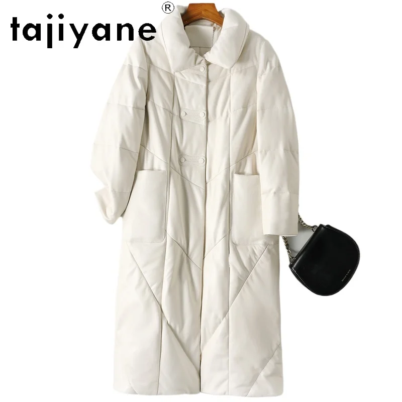 TAJIYANE 100% أعلى الحبوب جلد الغنم أوزة أسفل معطف التلبيب طويل الجلد الحقيقي سترة منفوخة النساء 2025 ملابس الشتاء douбlenка