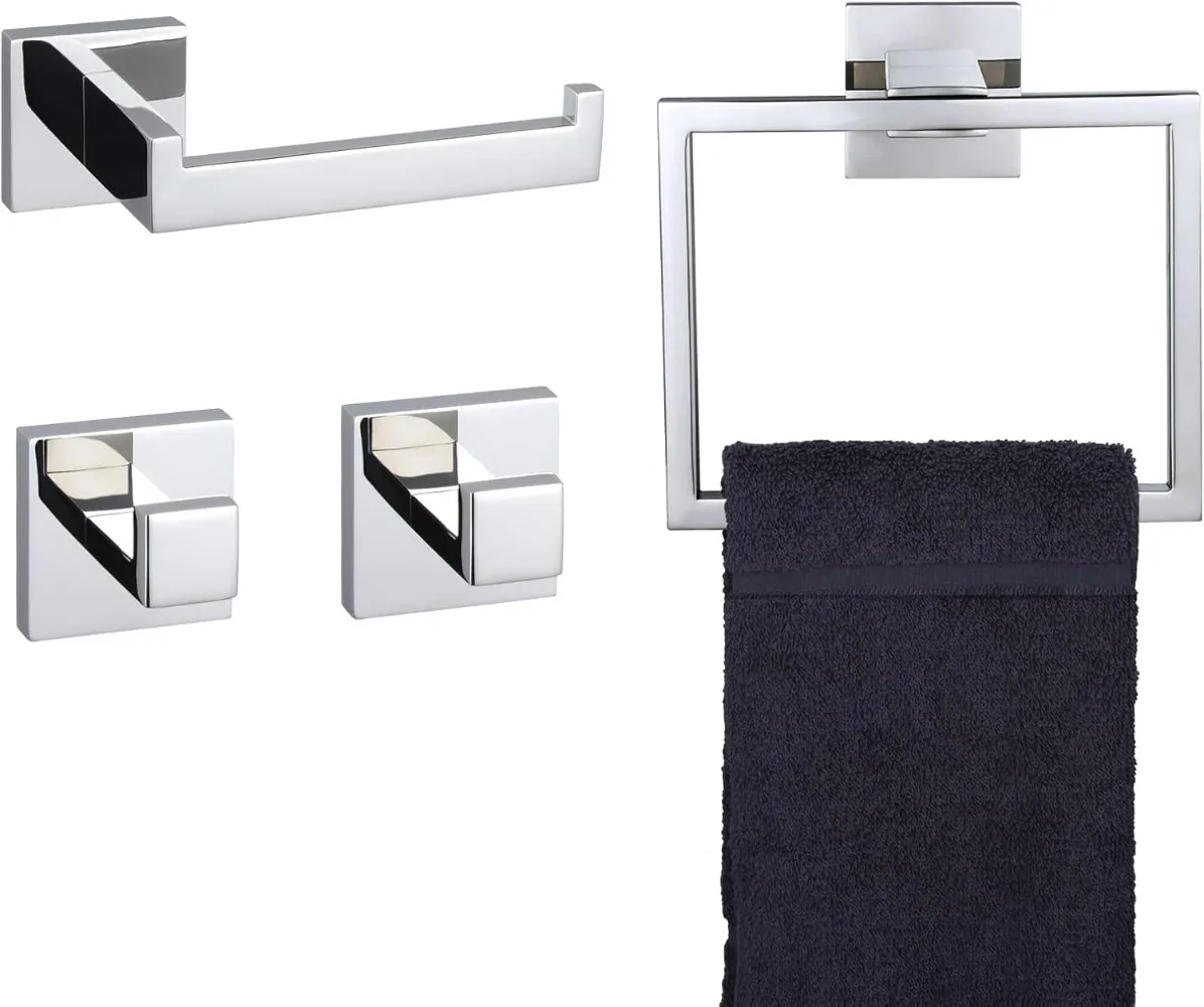 KOKOSIRI 4-Piece Bathroom Hardware Set Bath Accessories Set, Towel Ring, Toilet Paper Holder, Towel Hook X 2, Stainless Steel