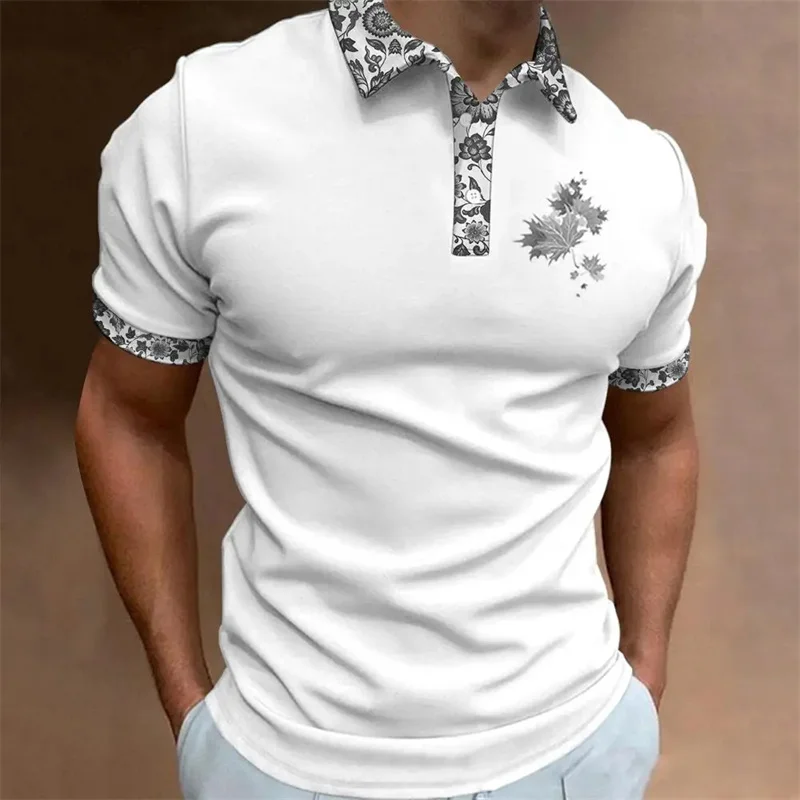 Solid Color Pattern Polo Shirt For Men Floral Leaf 3D Printed T-Shirts Summer Casual Loose Street Short Sleeve Tees Lapel Tops