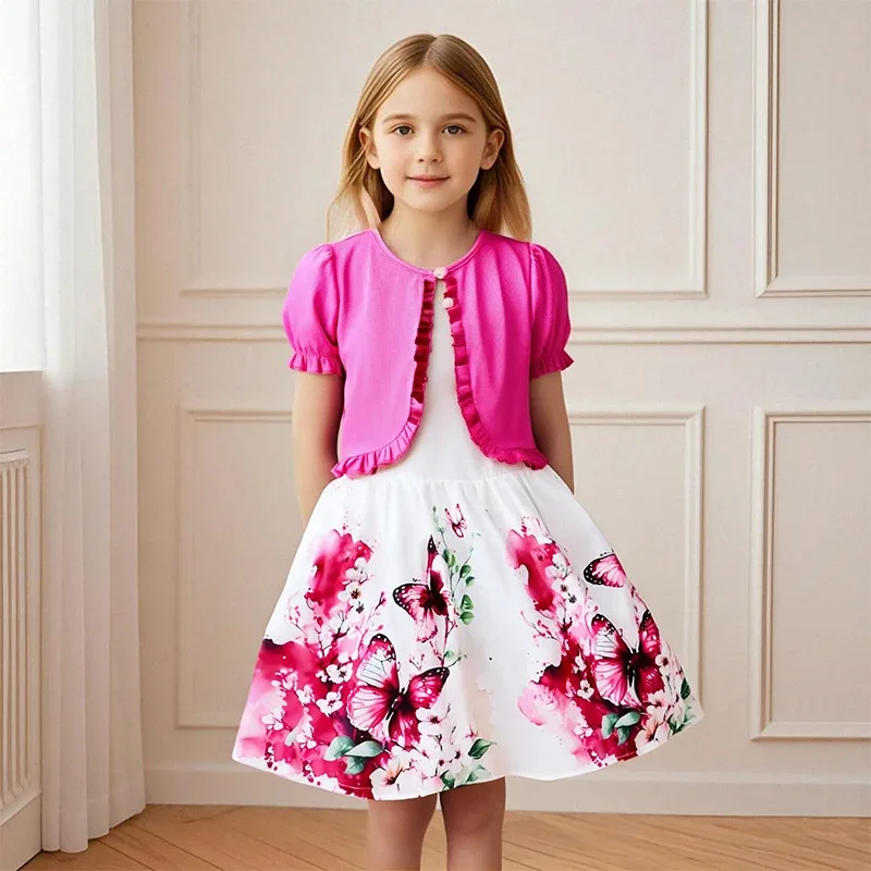 

XT8New Korean Cute Printed Bow Casual Girls Top+Dress 2025 Summer Kids Elegant Rose Floral Print Dress Festivals Outing CloXT6@!