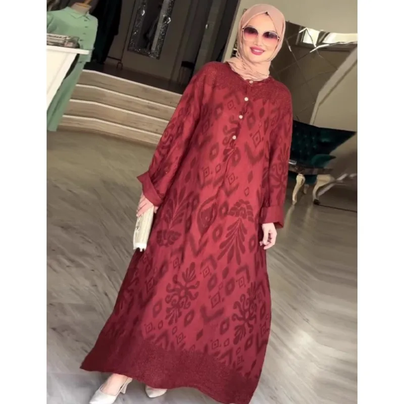 Ramadan Eid Muslim Women Fashion Print Dresses Long Robe Casual O-Neck Long Sleeve Button Pullover Femme Autumn Holiday Vestidos