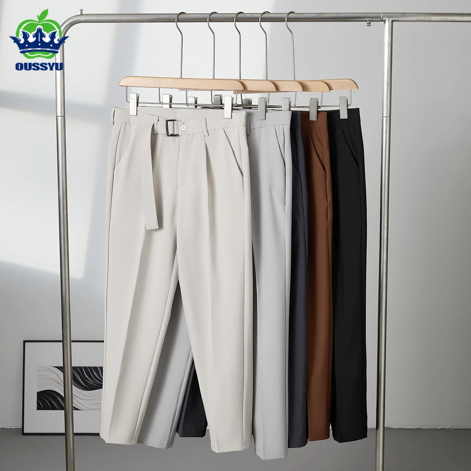 Italian Naples Style Spring Summer Men's Casual Pants Suit Pant Work Belt Waist Korea Business Formal Trousers Male Black Khaki