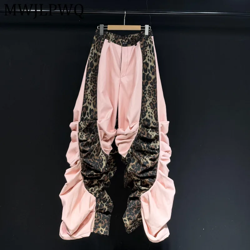 

Брюки MWJLPWQ в стиле лёгкий панк с леопардовым принтом и пэчворком, повседневные, унисекс, свободные, плиссированные, широкие штанины, весенние, уличный стиль, модель 13090