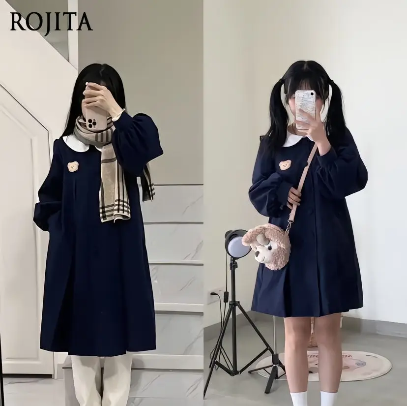 

Cute Doll Collar Single-Breasted Lolita Daily Kindergarten Coat Soft Girl Lantern Sleeve Long Sleeve JK Academy Style Cyan Dress