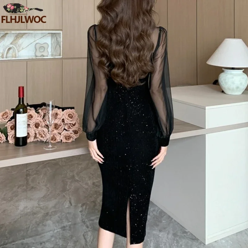 Neujahr Französisch Design Party kleid elegante Abend Retro Vintage Qipao Stand Split Slim Fit Wrap Hüfte sexy transparente Mesh Bling Kleid