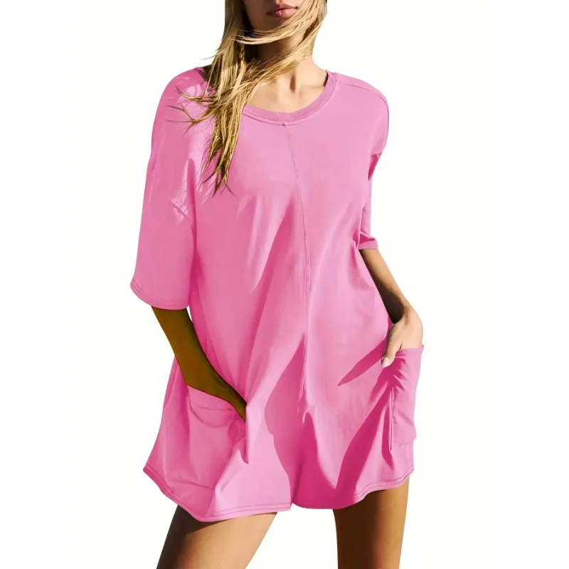 

Plus Size New Women's Fashionable Solid Color O-neck Jumpsuit Women's Spring and Summer Casual Jumpsuit