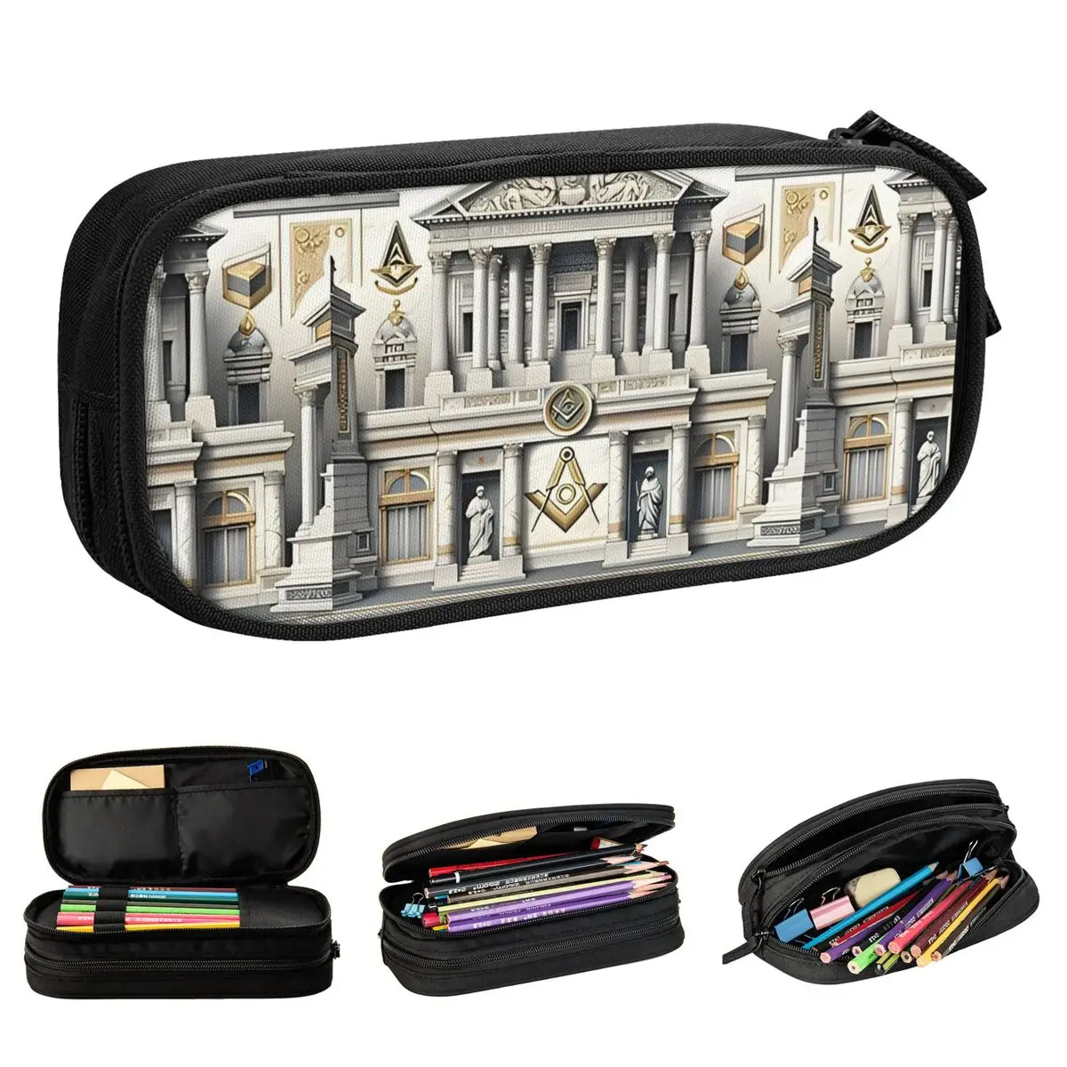 Architectural Elegance Masonic History Pencil Case Freemason Pen Holder Bag Girls Boys Big School Supplies Cosmetic Pencilcases