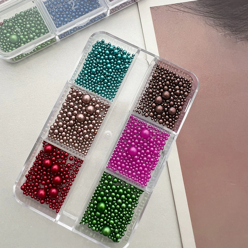 6 Grids Christmas Mixed Size Nail Pearl Charms Red/Green Christmas Wreath Pearlescent Beads Nail Decorations DIY Manicure Parts