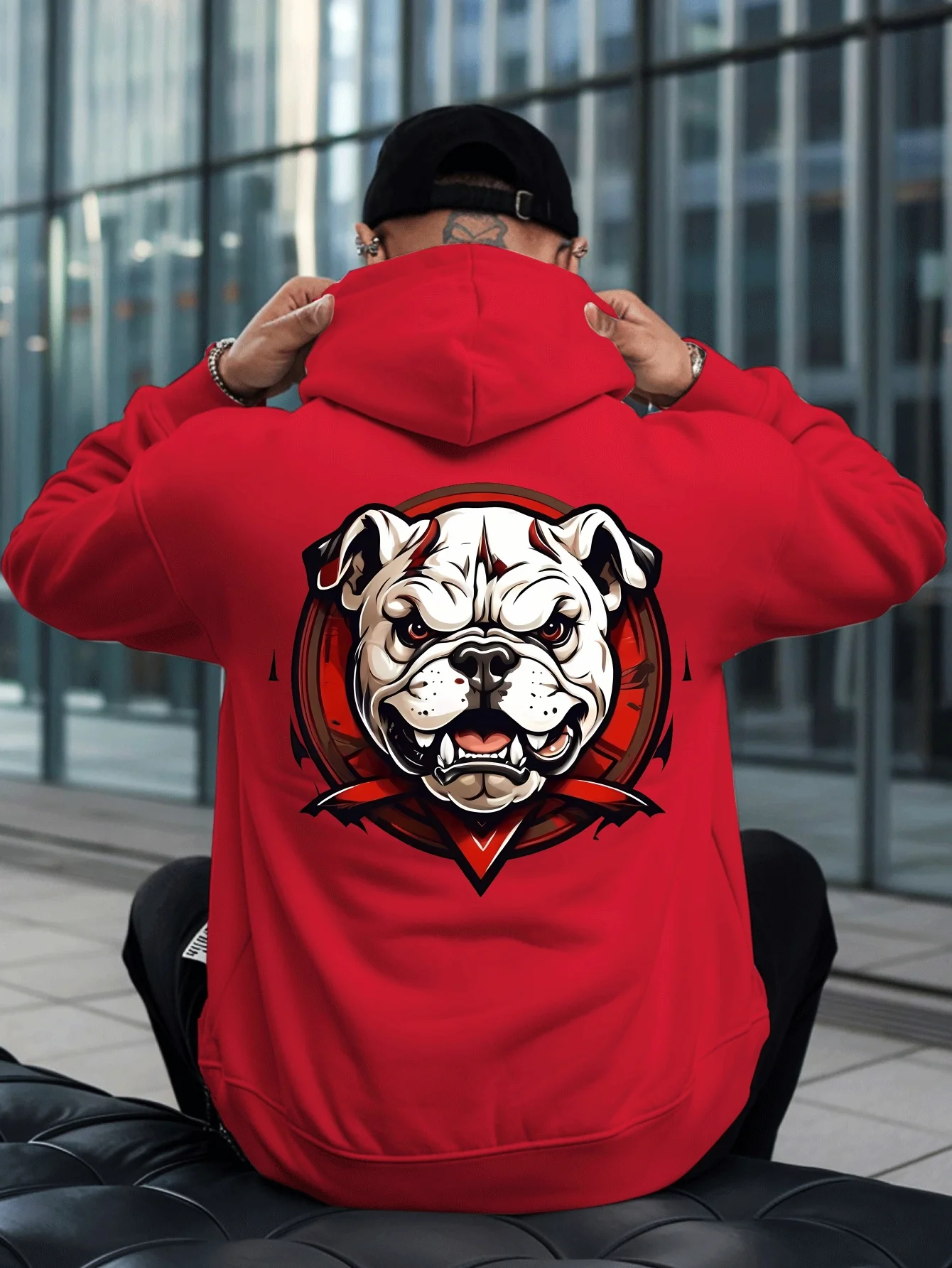Street tough and cute dog men's casual hooded shirt - Bold bulldog head pattern on vintage design - Loose hooded shirt
