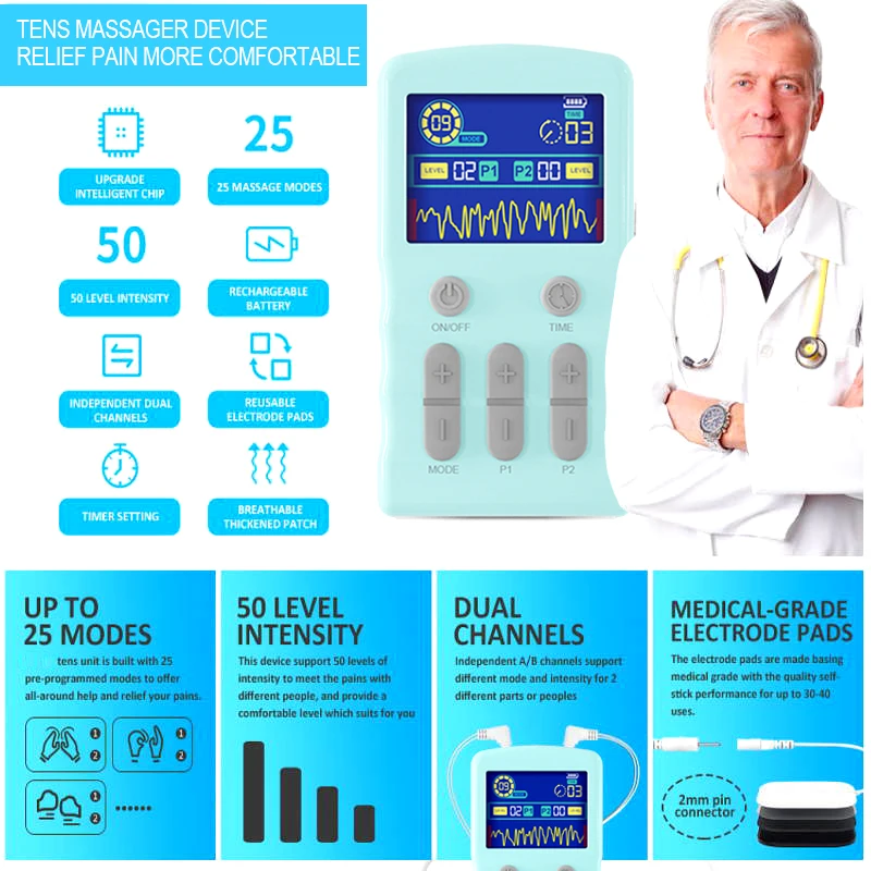 New Multi-function Pulse Meridian Massage Device Muscle Stimulator 25 Modes 50 Intensity Tens Unit Digital Meridian Massager