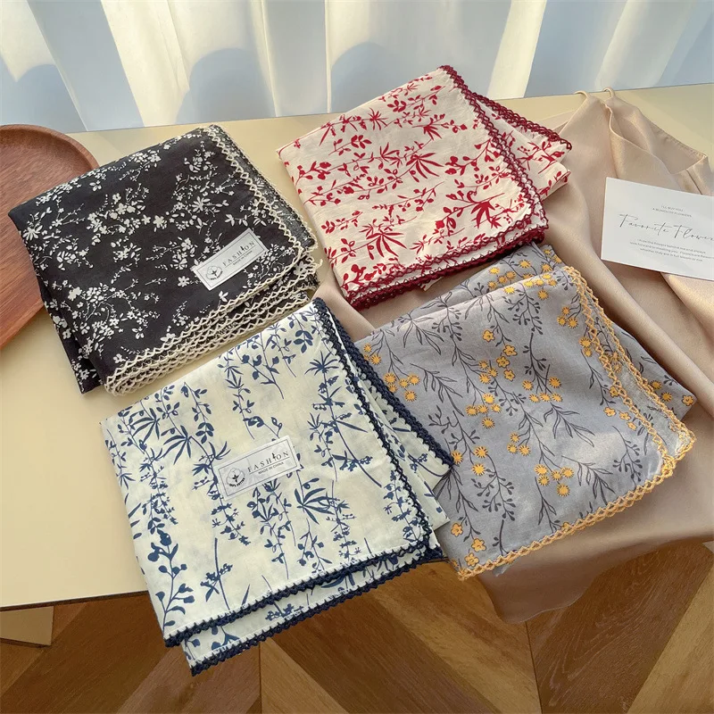 Square Scarf Black Cream Floral Cotton Retro Breathable Soft Headband Hair Tie Neck Wrap for Women Commute Office