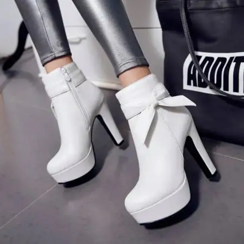 Elegant Short Boots Women Shoes Autumn Winter Women\'s Ankle Boot Platform Sweet Black White Pink Heeled Party Shoes Ladies 2025