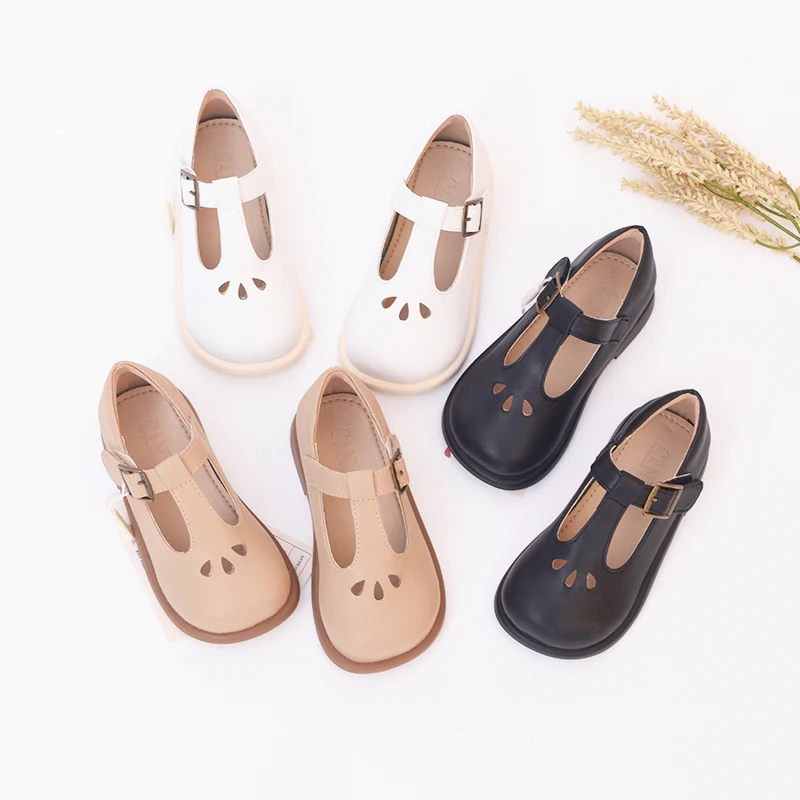 Girls Soft Side Soft Sole Princess Shoes Hollowed Out Vintage Round Toe Leather Shoes,Elastic Strap with Adjustable