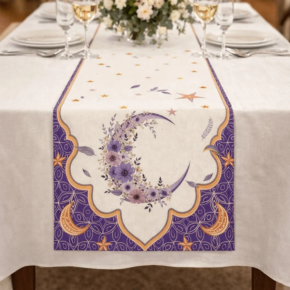 

Vintage Ramadan Table Runner Floral Pattern Washable Eid Mubarak Table Runner Traditional Dinner Table Cloth Ramadan Celebration
