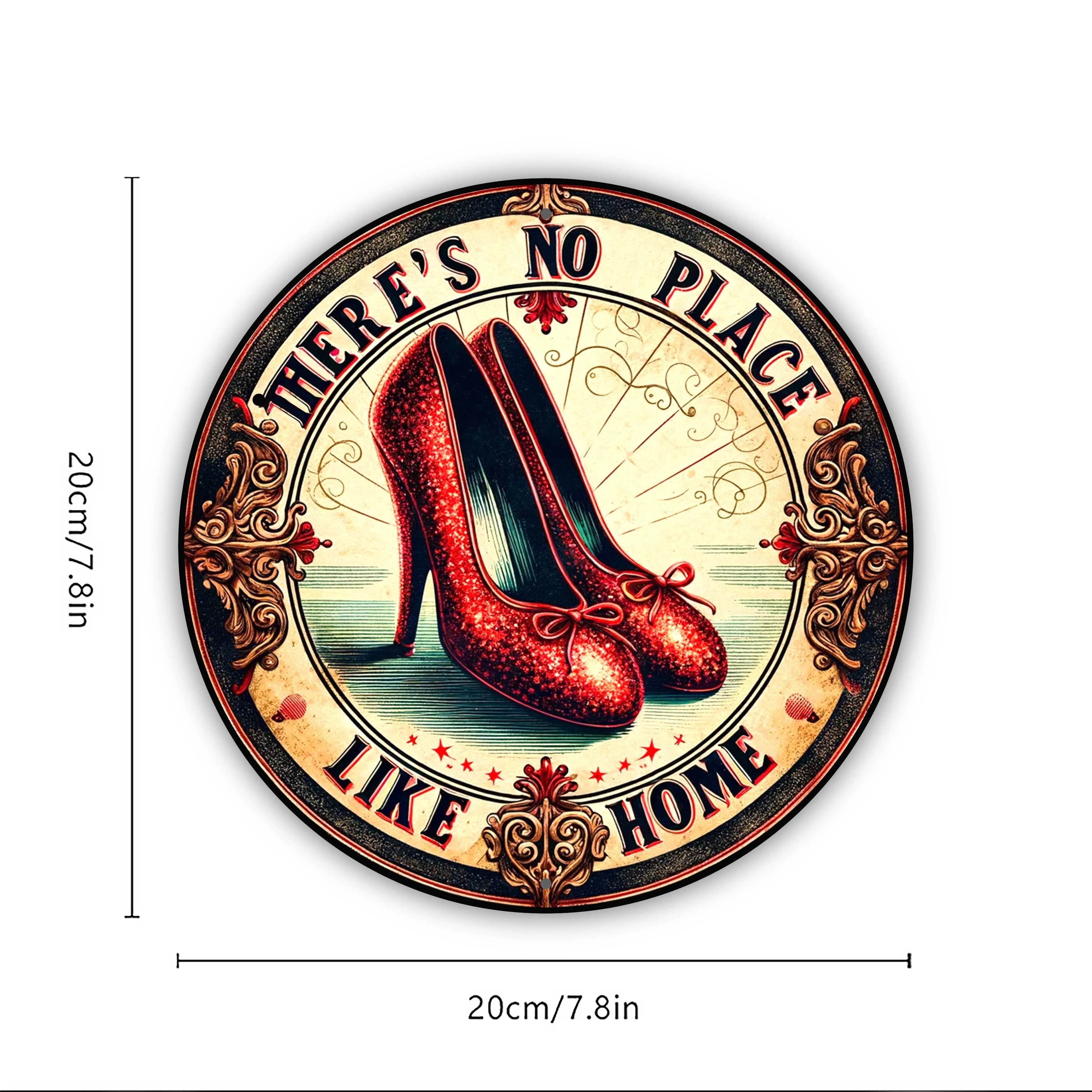 Vintage Style Metal Wall Art: 'There's No Place Like Home' Red High Heels Poster, 8x8 inches, Aluminium Decorative Sign