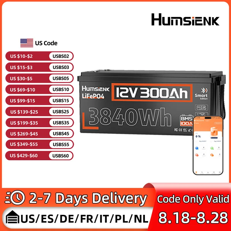 

Humsienk 12V 300Ah LiFePO4 Battery Bluetooth 100A BMS For RV/ Vans/ Camping/ Home Storage/ Lithium Iron Phosphate Battery