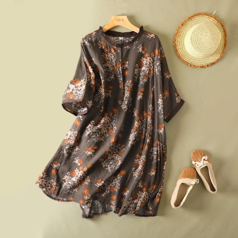 

Летняя хлопковая льняная юбка с цветочным принтом f Sve Dr, круглая юбка-миди на пуговицах для женщин больших размеров, винтажная рубашка