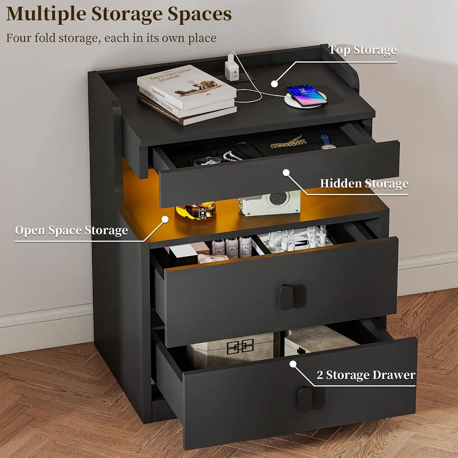 LED Nightstand with Charging Station & RGB Light, 2 Drawers & Hidden Compartment, USB End Table for Bedroom, Customized