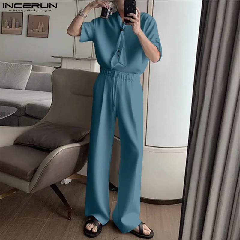 

INCERUN Men Sets Solid Color V Neck Short Sleeve Shirt & Pants Two Pieces Sets Streetwear Loose 2025 Fashion Casual Men's Suits