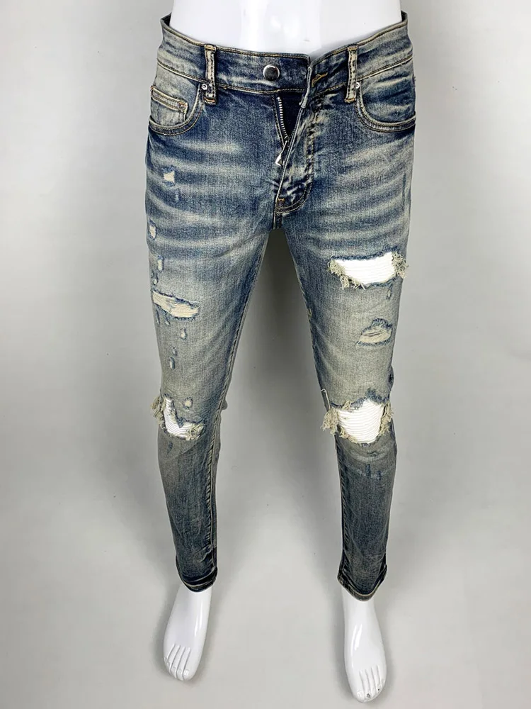

Retro Waed Patchwork Motorcycle INS Trendy Jeans Men's AI Elastic Slim Fit Faion Urban Sle Wear Resistant Long Pants