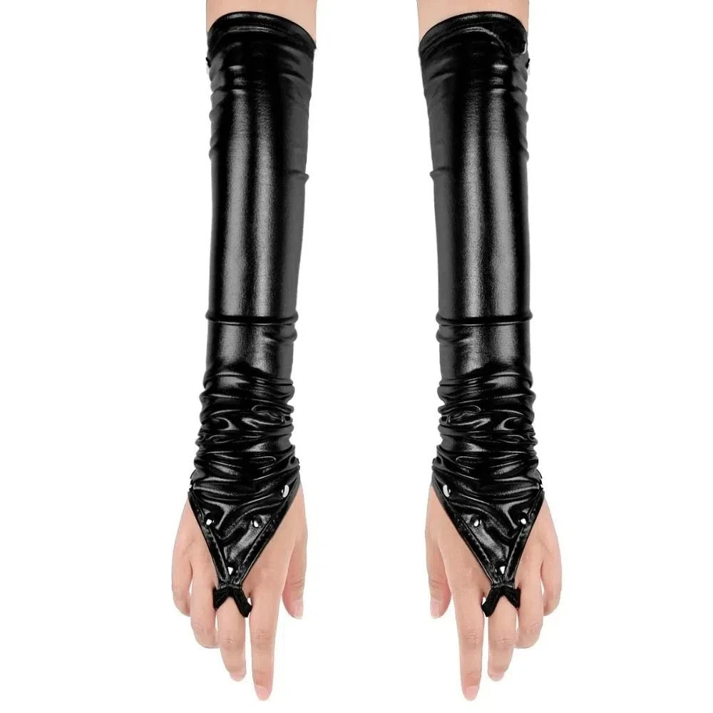 Fingerless Design Women Latex Gloves Long Shiny Surface Metallic Gloves Stretchy Material Rivets Detail Wetlook Gloves