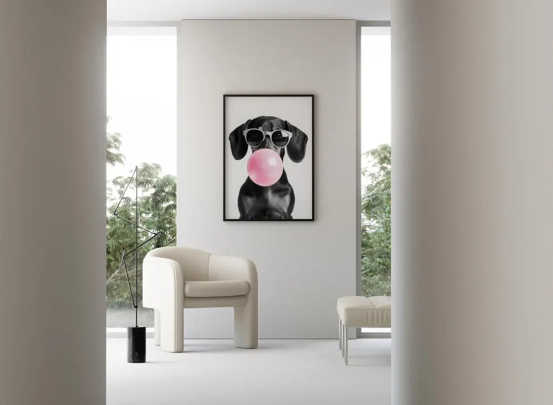 Dachshund Bubble Gum Wall Art: Funny Black Wiener Print, Trendy Doxie Poster, Pop Art Dog Portrait, Black & White Decor image 3