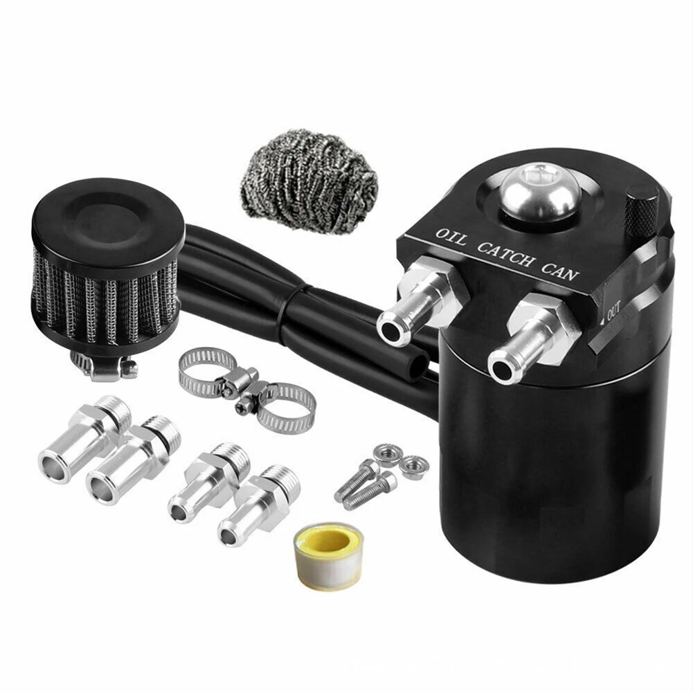 Universal Thick Shell Baffled Oil Catch Can Coolant Fuel Catch Can Reservoir Kit with Breather-Black