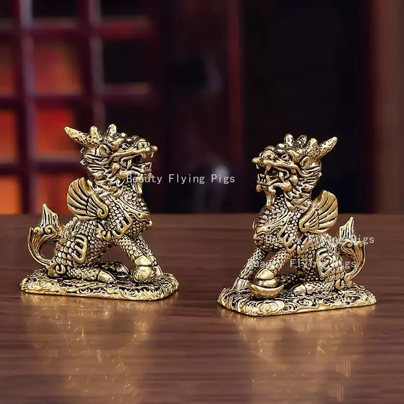 1 Pair Metal Kirin Statue Feng Shui Jewelry Mini Kirin Statue Office Desktop Tea Pet Home Furnishing Decoration Money Attraction