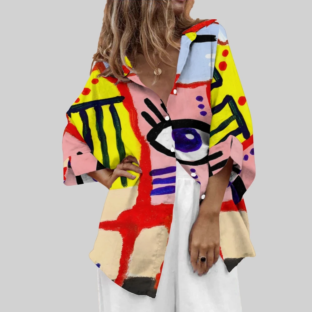 Casual Women's Lapel Shirt Colored Lines Hand-Painted Eye Print Long Sleeves Loose Trend New Nice Girl Clothes Blouse