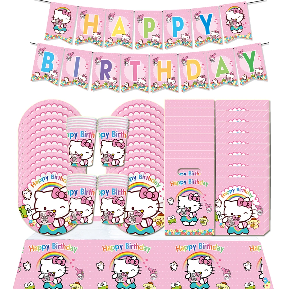 Hello Kitty Theme Birthday Party Decoration Disposable Tableware Set Baby Shower Girl\'s Favorite Cartoon Cat Party Supplies