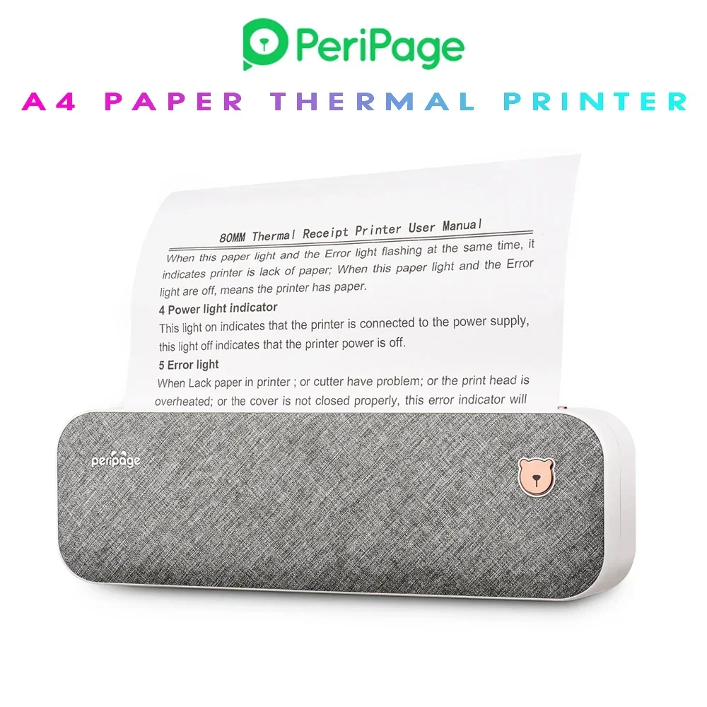 PeriPage A40 A4 Paper Printer Wirless Bluetooth Thermal Printer Support Mobile Smartphone Android IOS Printer with 1 Roll PaperB