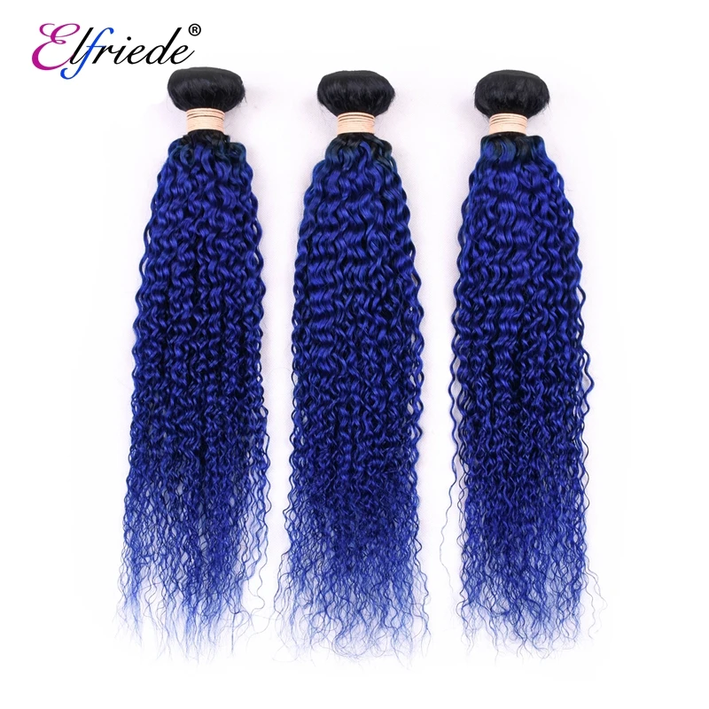 Elfriede #T1B/Blue Kinky Curly Ombre Colored Hair Bundles with Frontal Human Hair 3 Bundles with Lace Frontal 13x4 Transparent