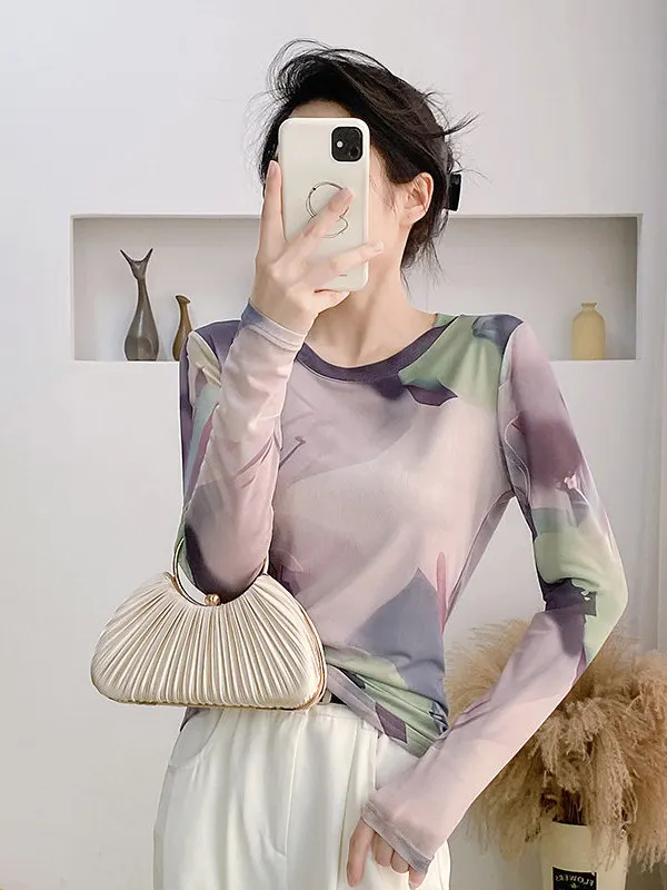 Slimming Effect round Neck Long Sleeve Mesh Print Base Shirt Autumn New Style Women's Casual Fashion Body Shape Enhancing Top
