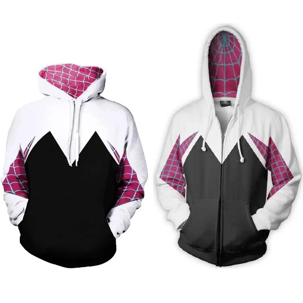 

Gwen Cosplay Costume Hoodie Jacket Spider 3D Print Pattern Sweatshirt Hooded Zipper Coat Adult Men Women Pullover Top Clothing